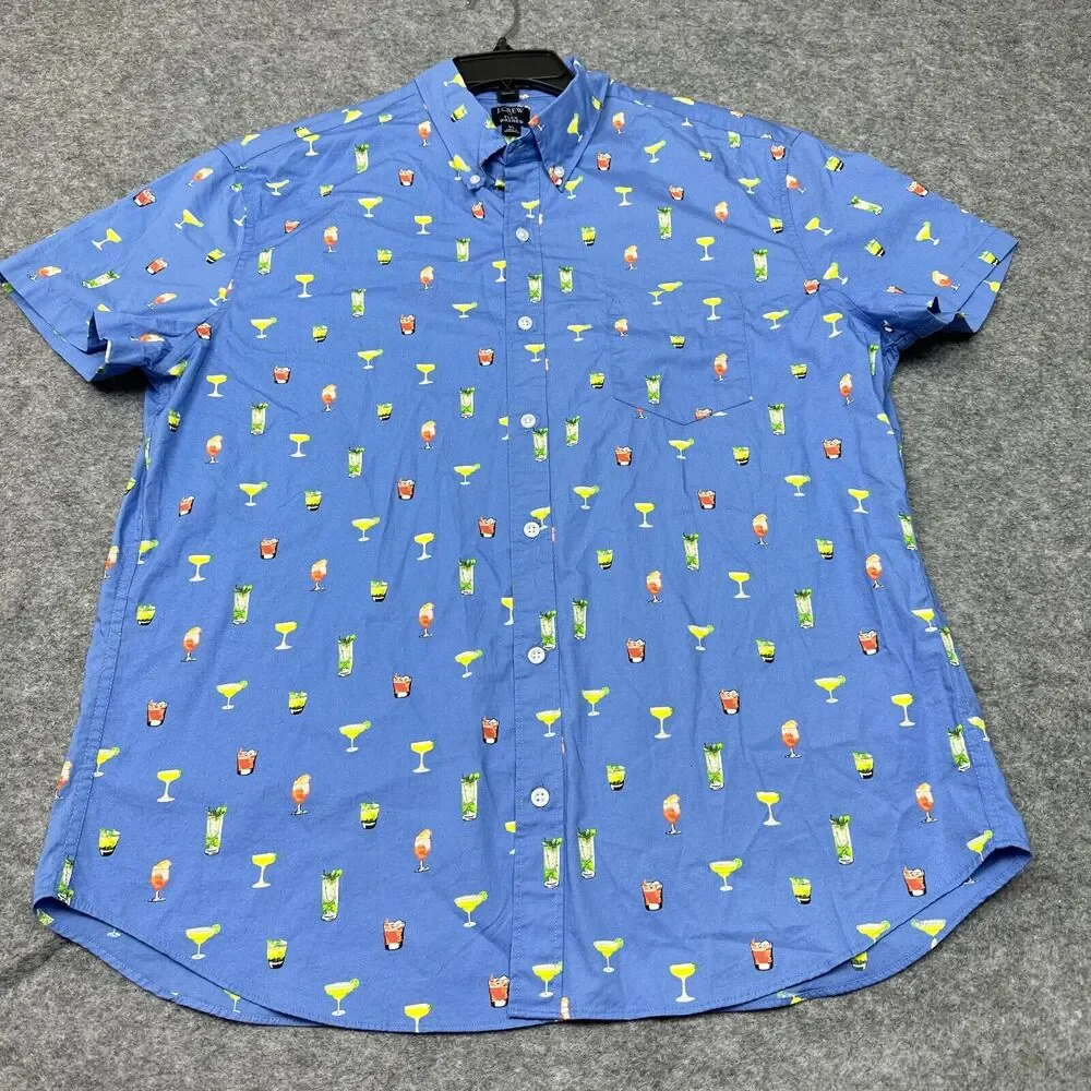 J Crew Shirt Mens XL Blue Button Up Drink All Over Print Summer BBQ Fun New